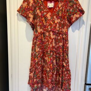 Anthropologie Red Floral, flutter sleeve, high/low midi dress. Size XS